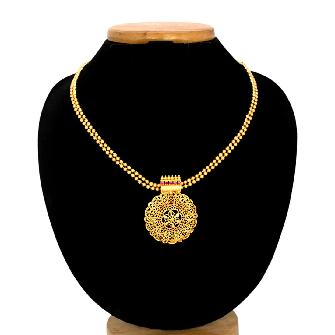 Double-Strand Ball Chain Ruby Stone Floral Necklace displayed on a black bust, showcasing gold-plated ball chains and floral pendant.