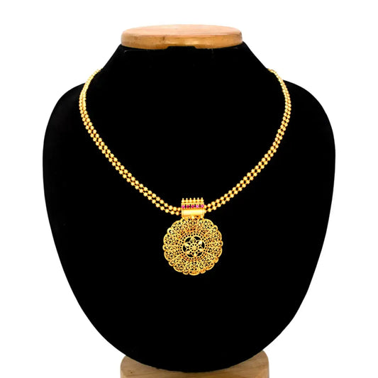 Double-Strand Ball Chain Ruby Stone Floral Necklace displayed on a black bust, showcasing gold-plated ball chains and floral pendant.