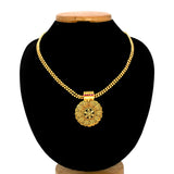 Double-Strand Ball Chain Ruby Stone Floral Necklace displayed on a black bust, showcasing gold-plated ball chains and floral pendant.