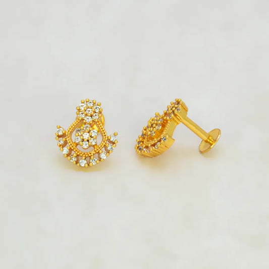 Dual Floral Design Gold Plated CZ Stone Stud Earrings