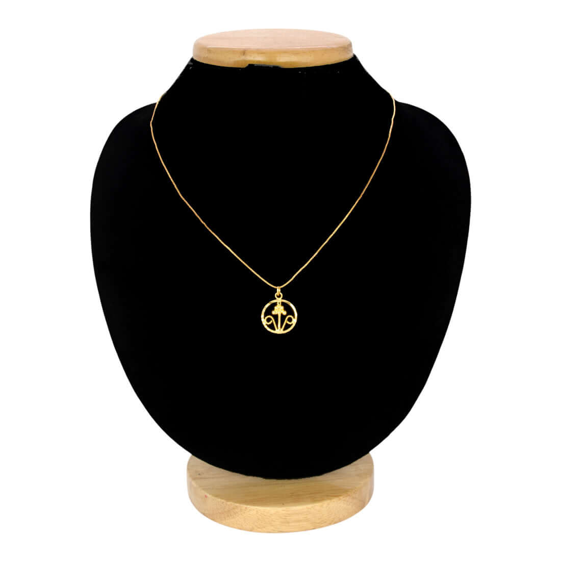 Simple Gold-Plated Floral Pendant With Chain displayed on a necklace stand.