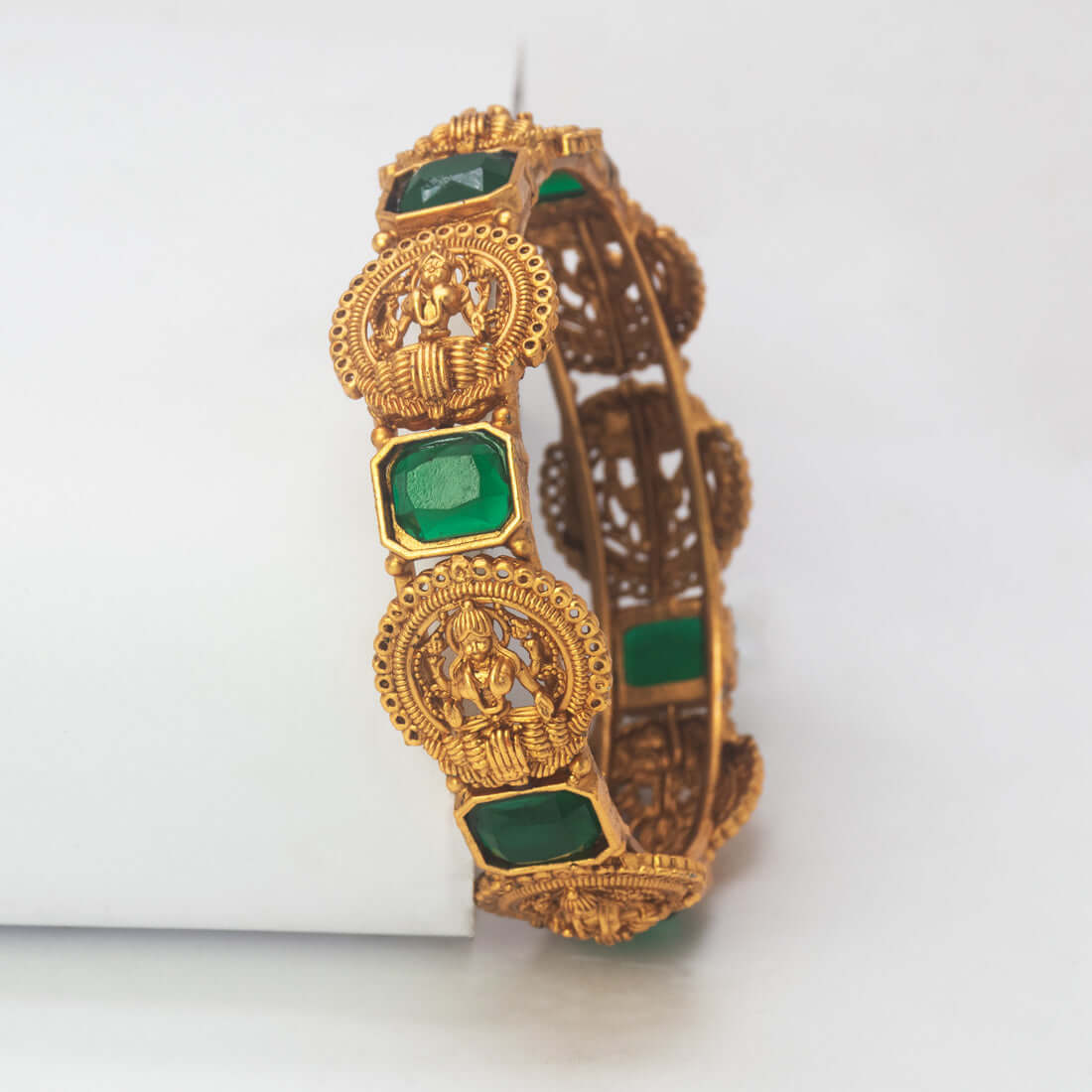 Antique Gold Plated Big Square Emerald Stone Lakshmi Bangle