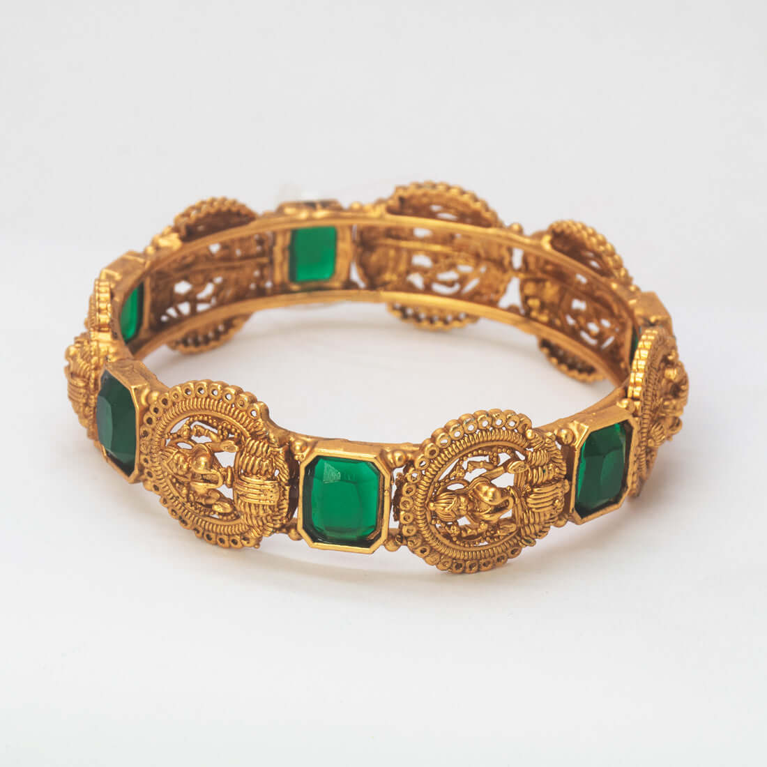Antique Gold Plated Big Square Emerald Stone Lakshmi Bangle