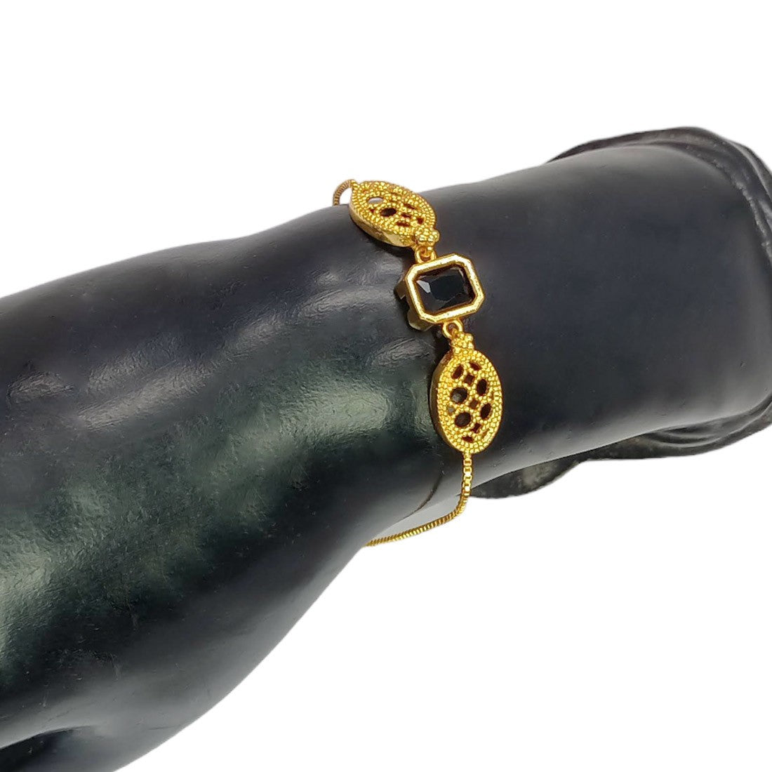Elegant Gold Plated Square Green Black Stone Ladies Bracelet