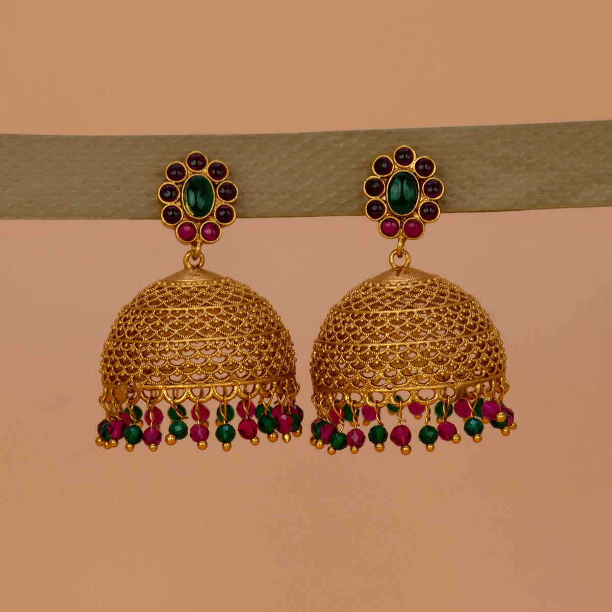 Elegant Kemp Stone Big Matte Jhumka Earrings