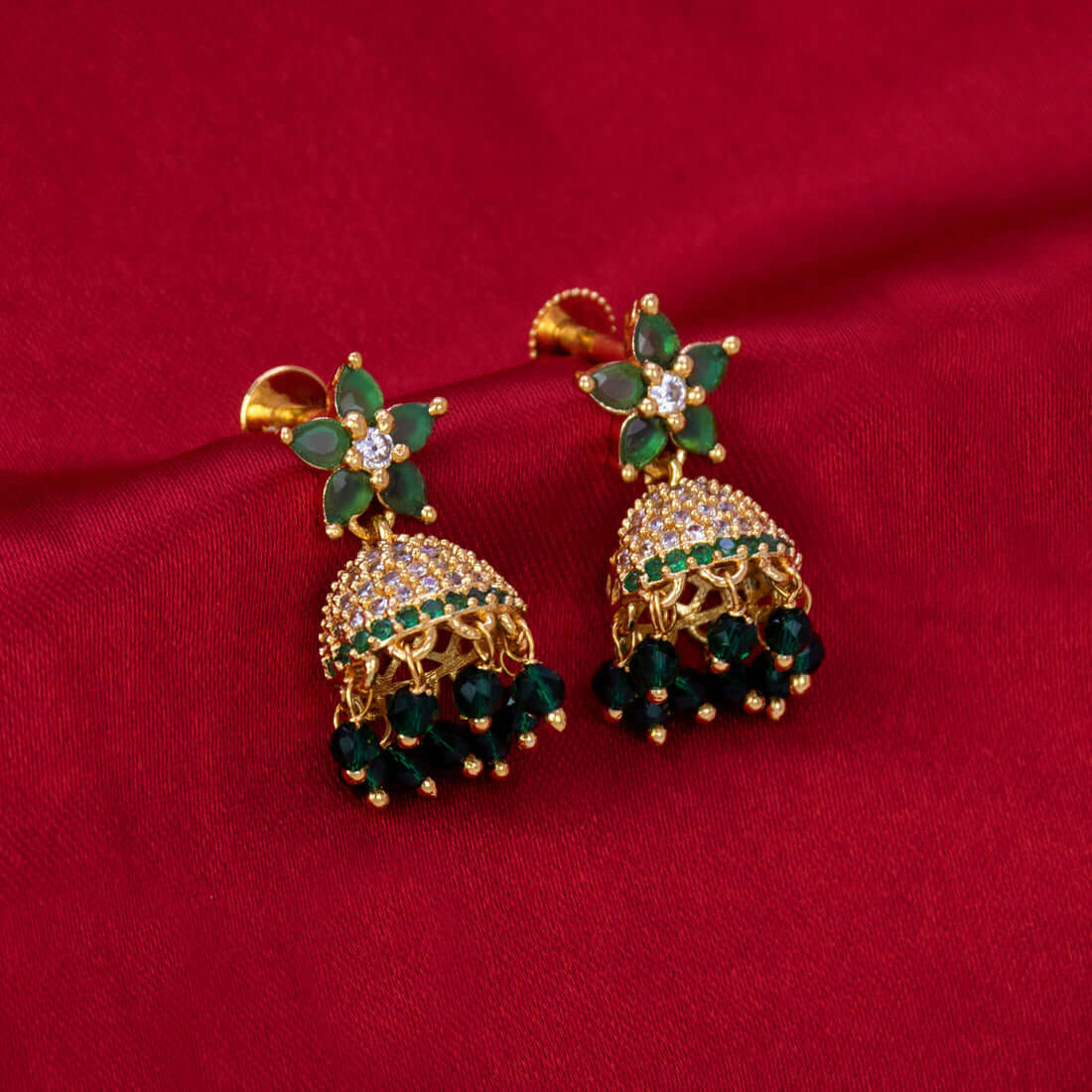 Alluring Gold-Plated Emerald CZ Jhumka Earrings