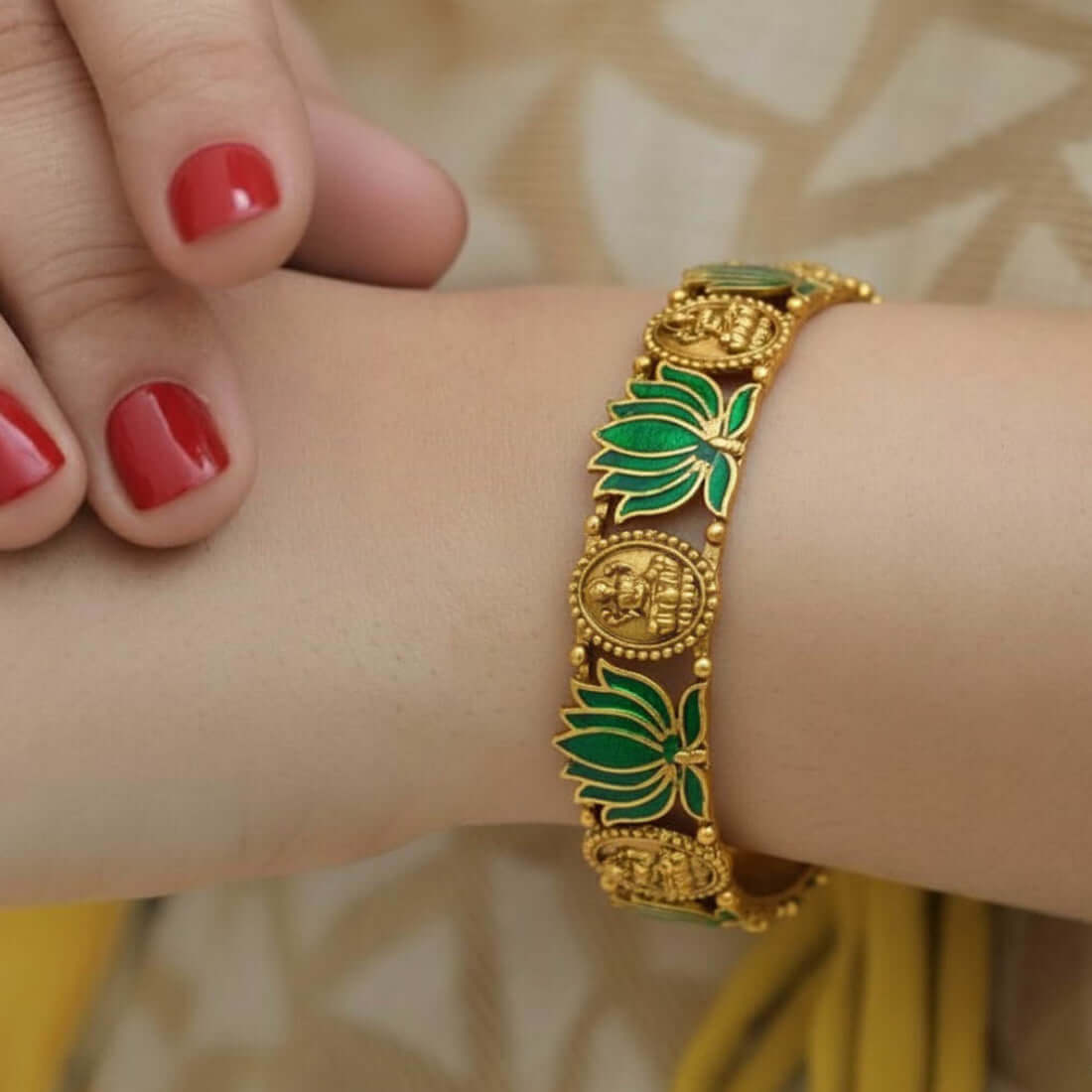 Ethnic Antique Gold Plated Lakshmi Lotus Bangle - Green
