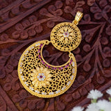 Big Gold Plated Floral Dual Chandbali Stone Pendant