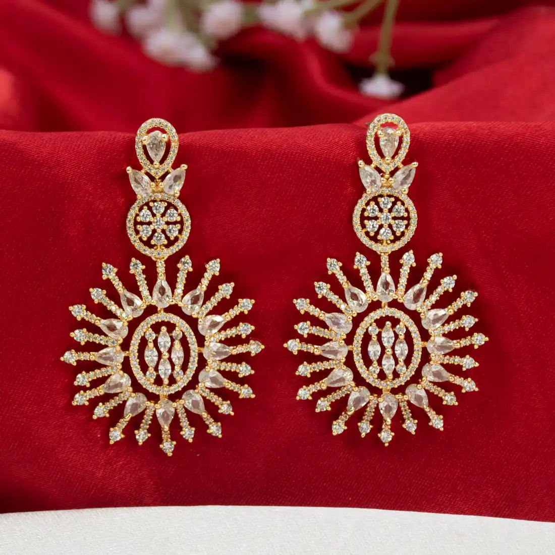 Gold Plated Sunburst CZ Stone Drop Earrings