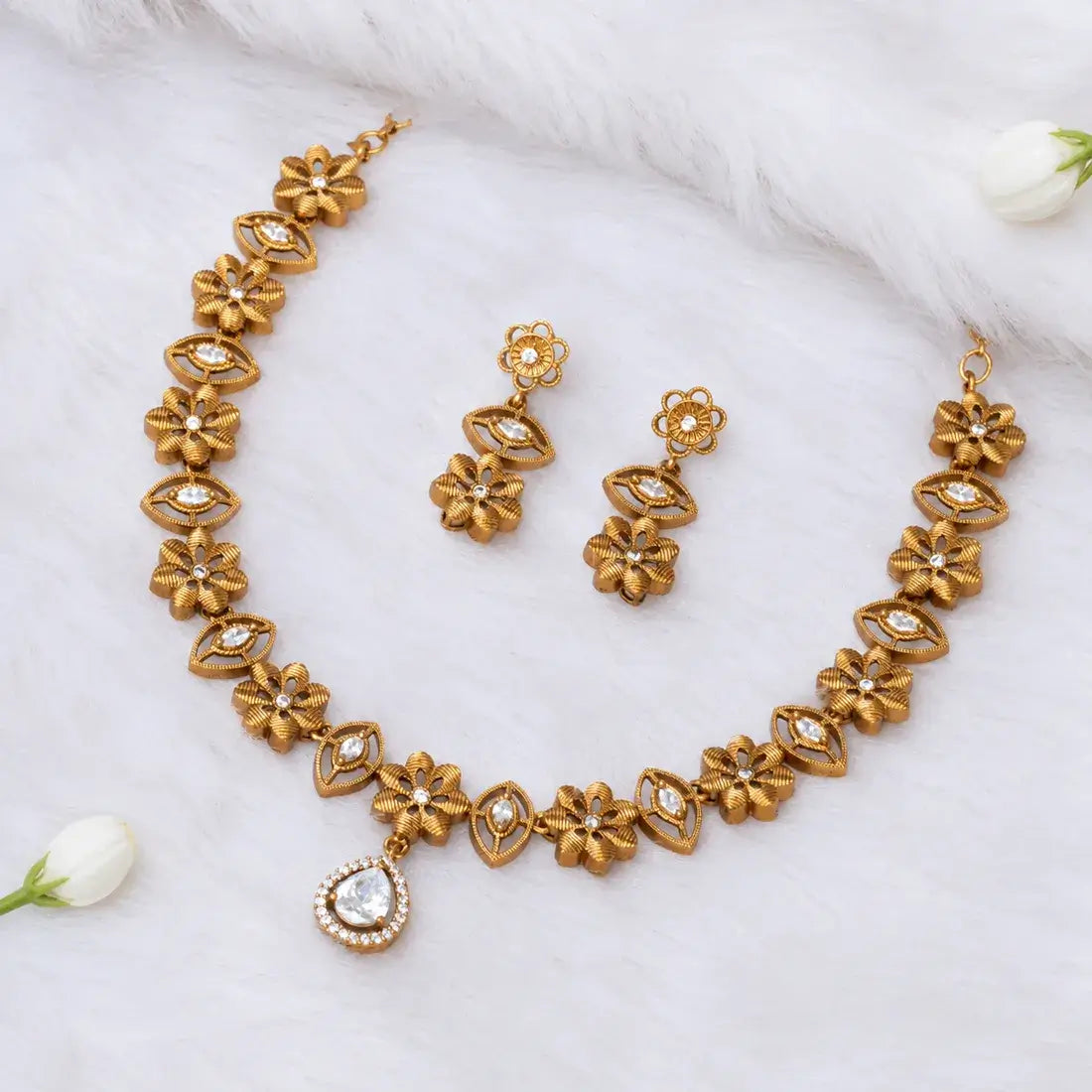 Floral CZ Stone Gold-Plated Necklace Earring Set