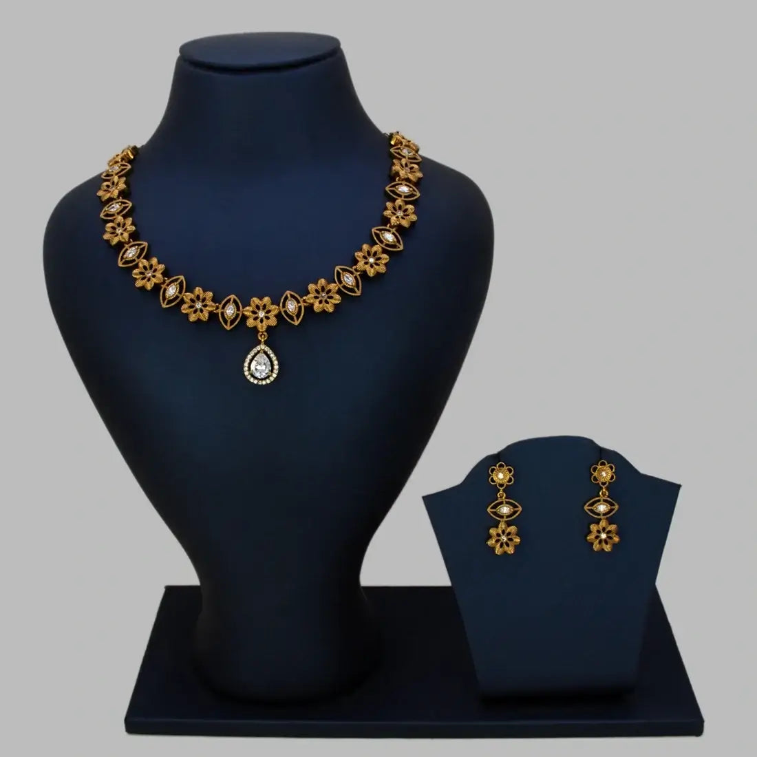 Floral CZ Stone Gold-Plated Necklace Earring Set