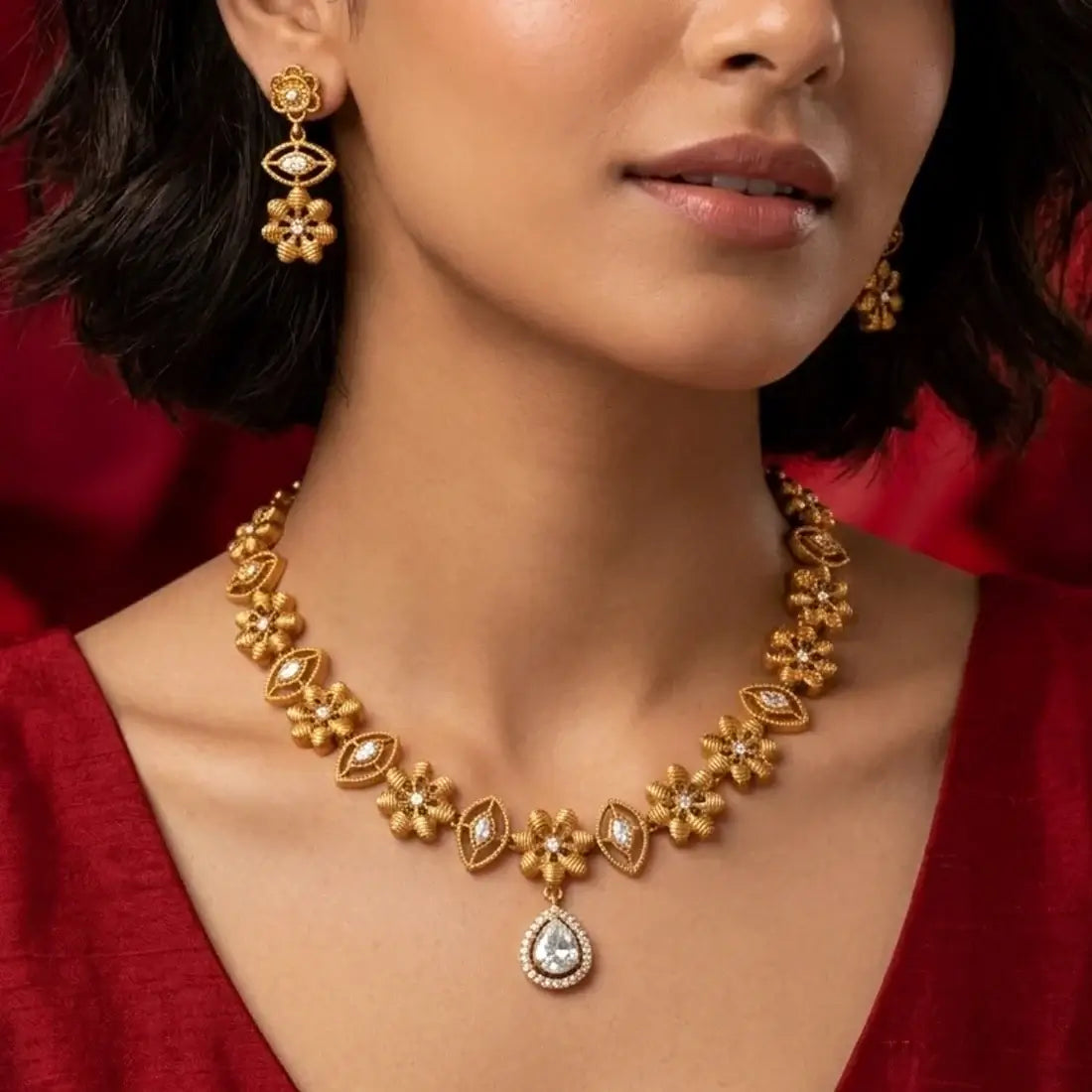Floral CZ Stone Gold-Plated Necklace Earring Set