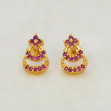 Gold Plated Floral Twin Crescent Stone Stud Earrings - Ruby