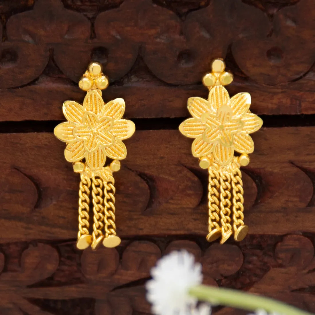 Gold Plated Floral Stud Chain Tassel Earrings