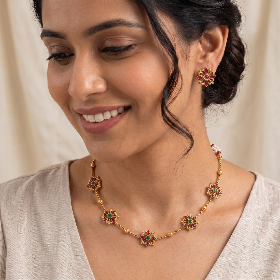 Floral Kemp Stone Antique Gold Choker Necklace Set - Ruby red and Green