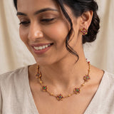 Floral Kemp Stone Antique Gold Choker Necklace Set - Ruby red and Green