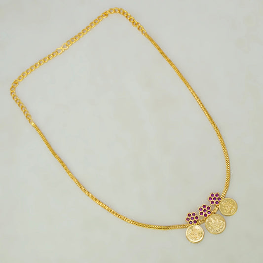 Gold Plated Triple Floral Ruby Lakshmi Kasu Necklace
