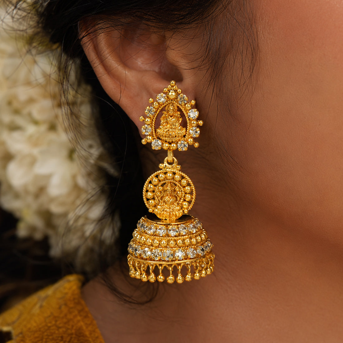 Gold Plated CZ Stone Lakshmi Temple Jhumka