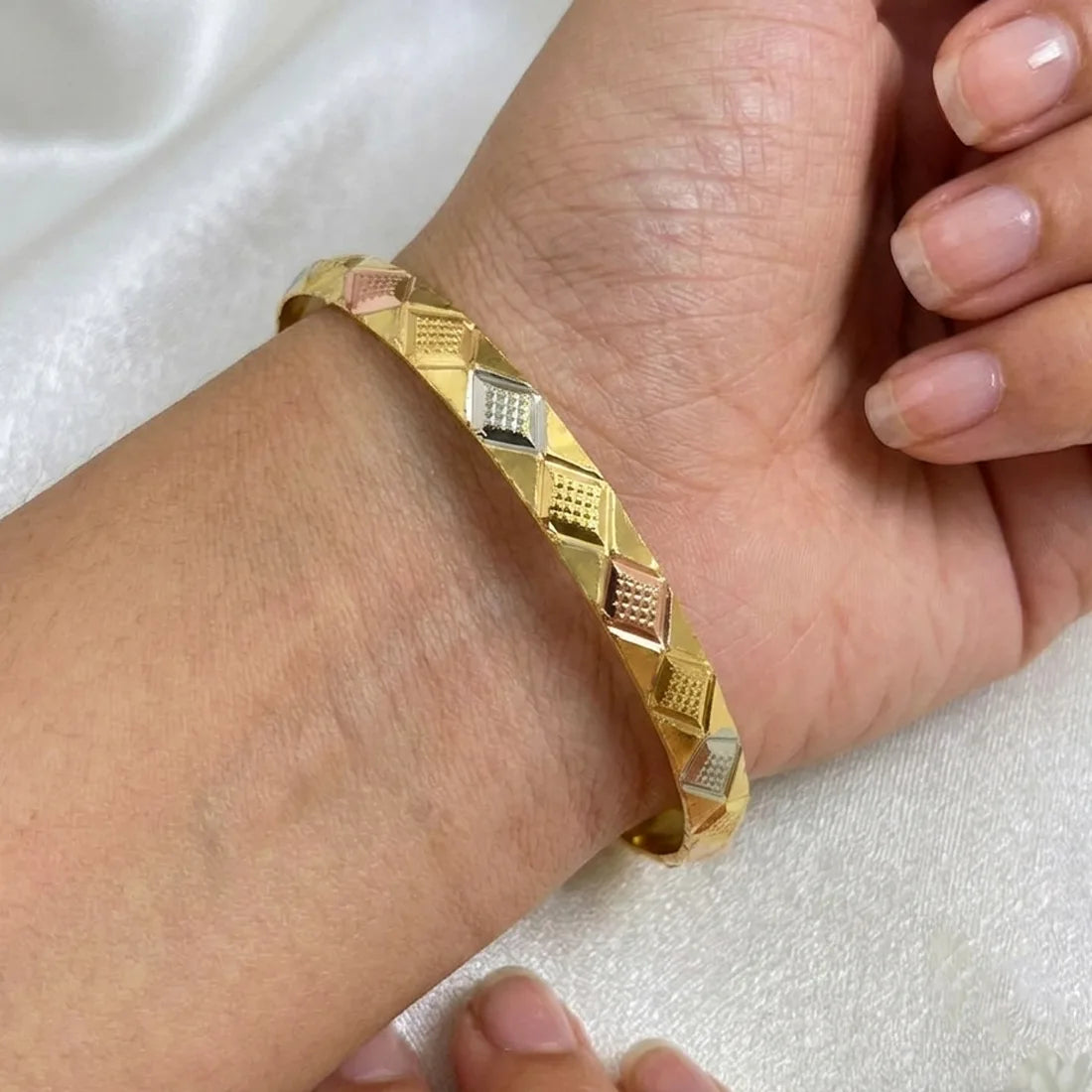 Gold Plated Three-Tone Diamond-Cut Bangle