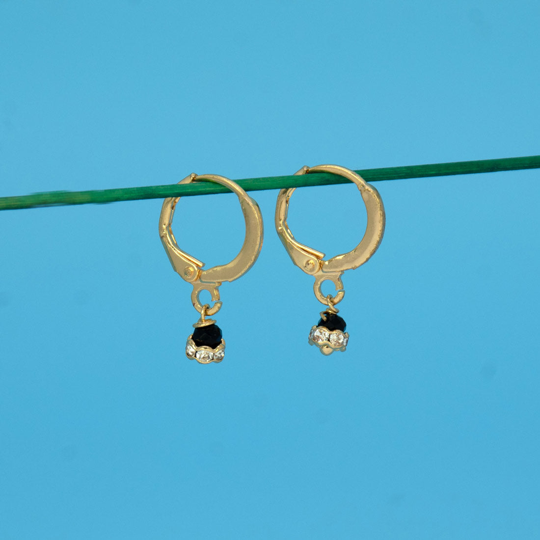 Gold Plated Stone Drop Huggie Hoop Earrings -Black