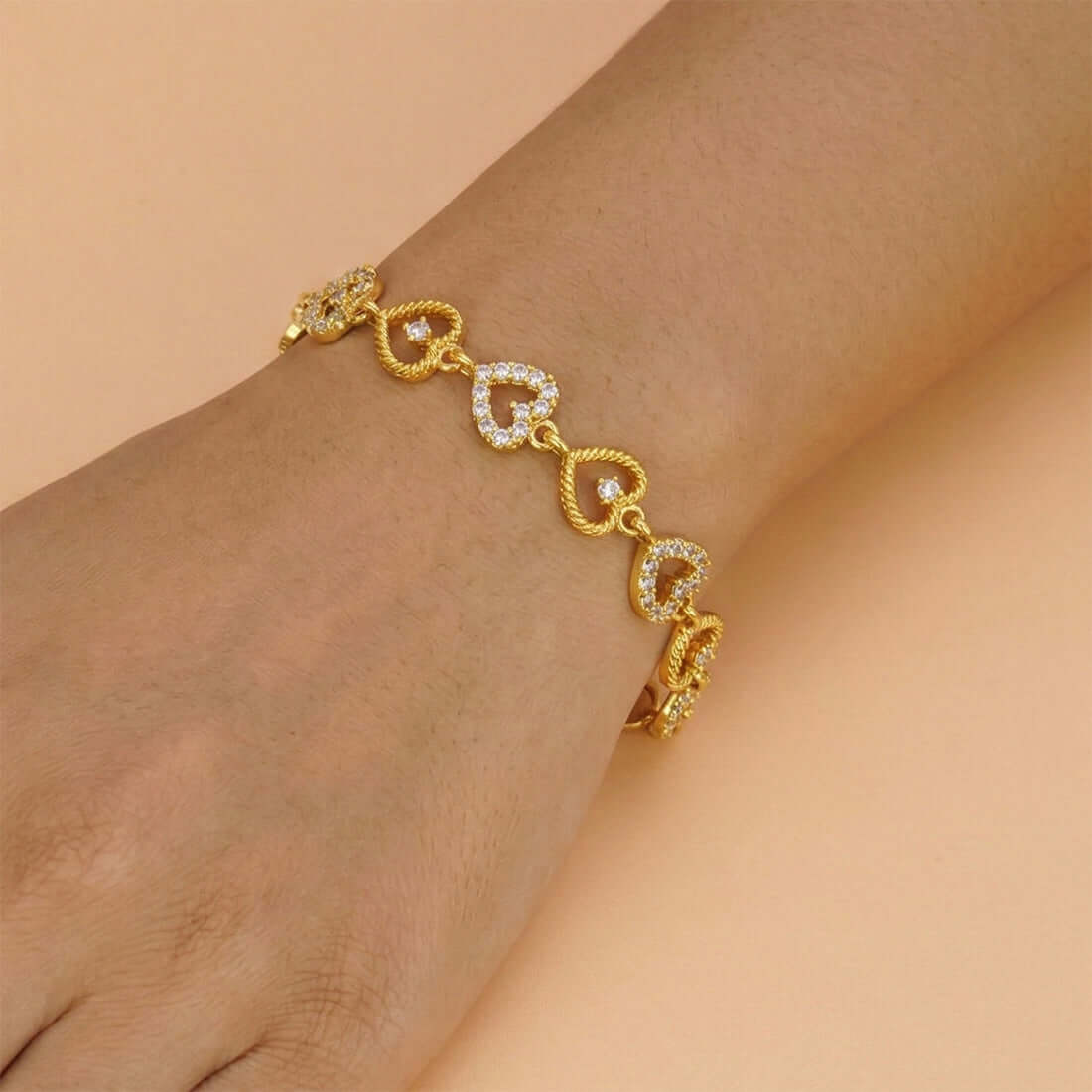 Gold Plated CZ Heart Link Bracelet for Women