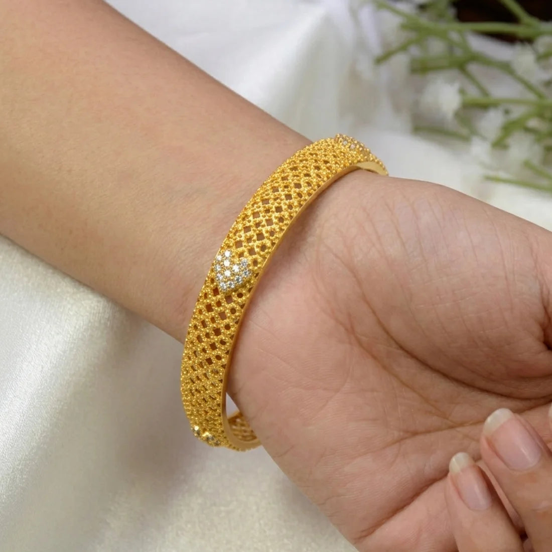 Mesh Gold Plated Heart Design CZ stone Bangle
