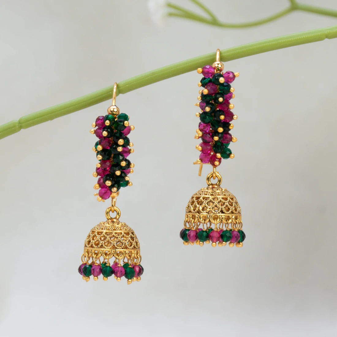 Antique Gold Plated Colourful Beaded Jhumka Earrings