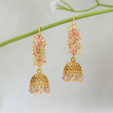 A pair of gold-toned traditional Indian Antique Gold Plated Colourful Beaded Jhumka with pink and light green stone clusters, hanging from a green stem against a soft white background.
