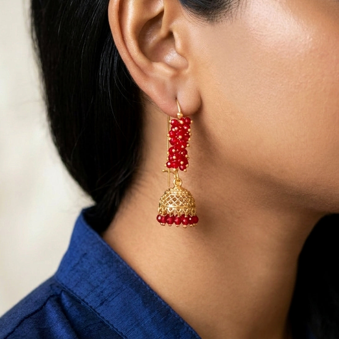 Antique Gold Plated Colourful Beaded Jhumka - Red