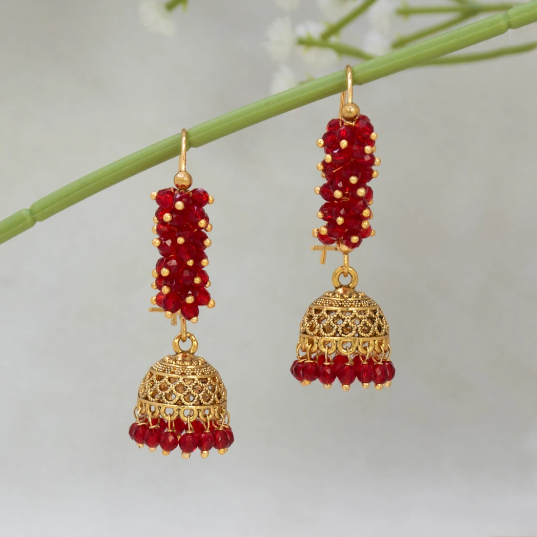 Antique Gold Plated Colourful Beaded Jhumka - Red