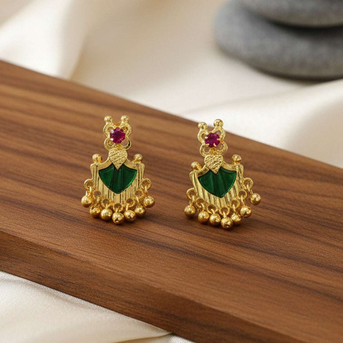 Gold Plated Beads Dangling Green Palakka Studs