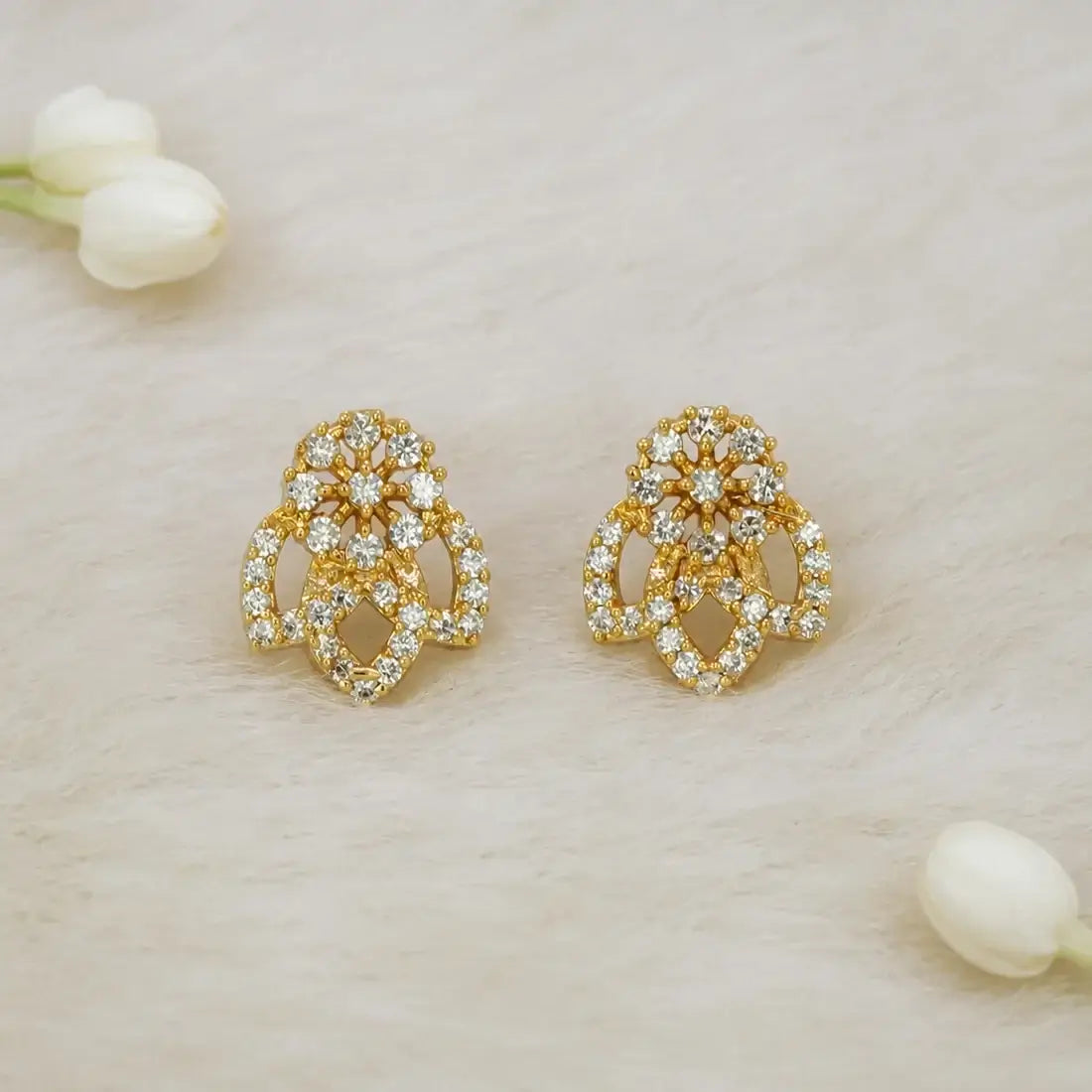 Gold-Plated Flower N Leaf CZ Stone Stud Earrings