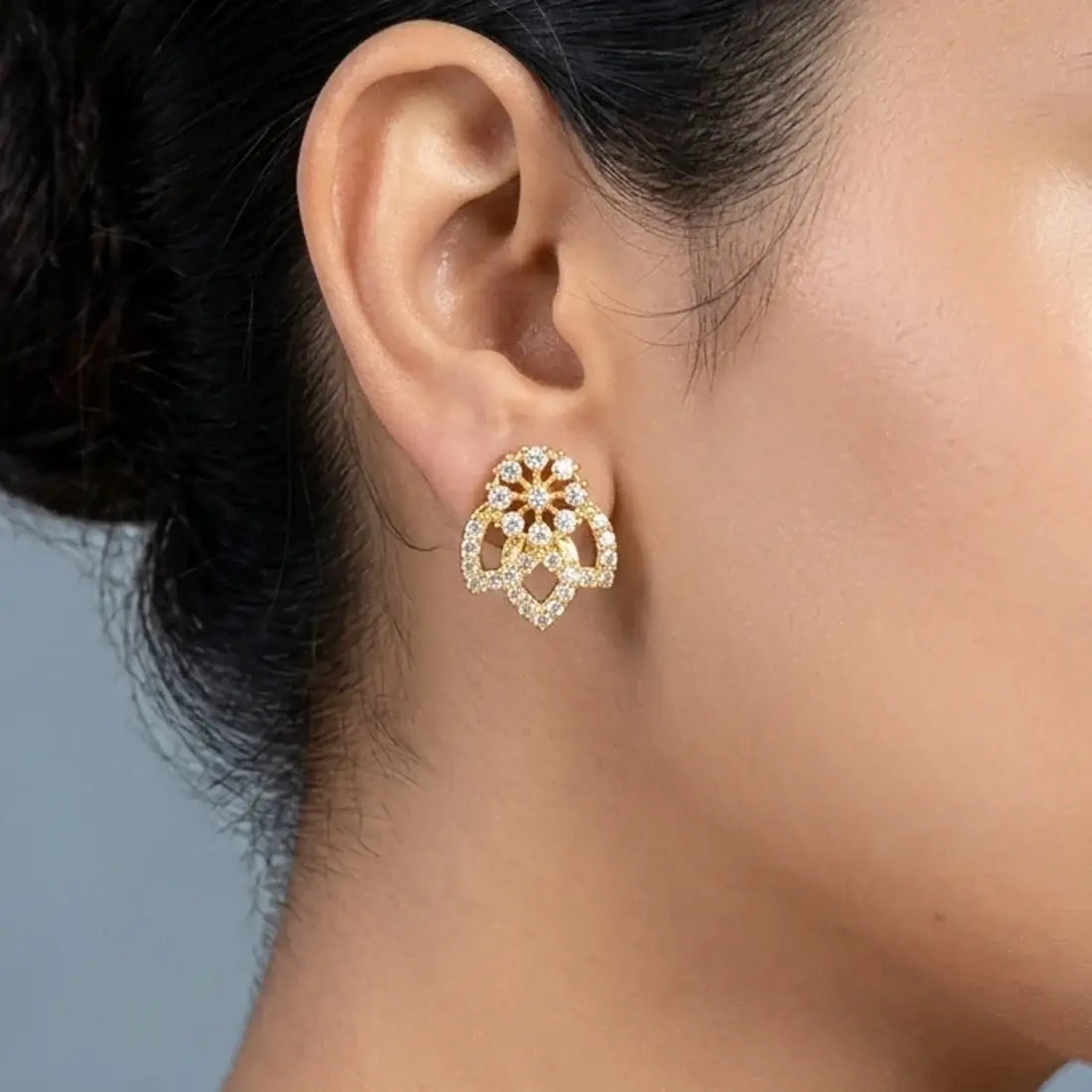 Gold-Plated Flower N Leaf CZ Stone Stud Earrings