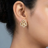 Gold-Plated Flower N Leaf CZ Stone Stud Earrings