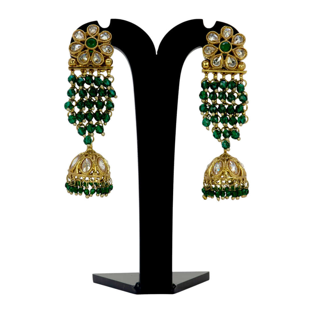 Gold-Plated-Floral-Kundan-Dark-Green-Jhumka-Earrings