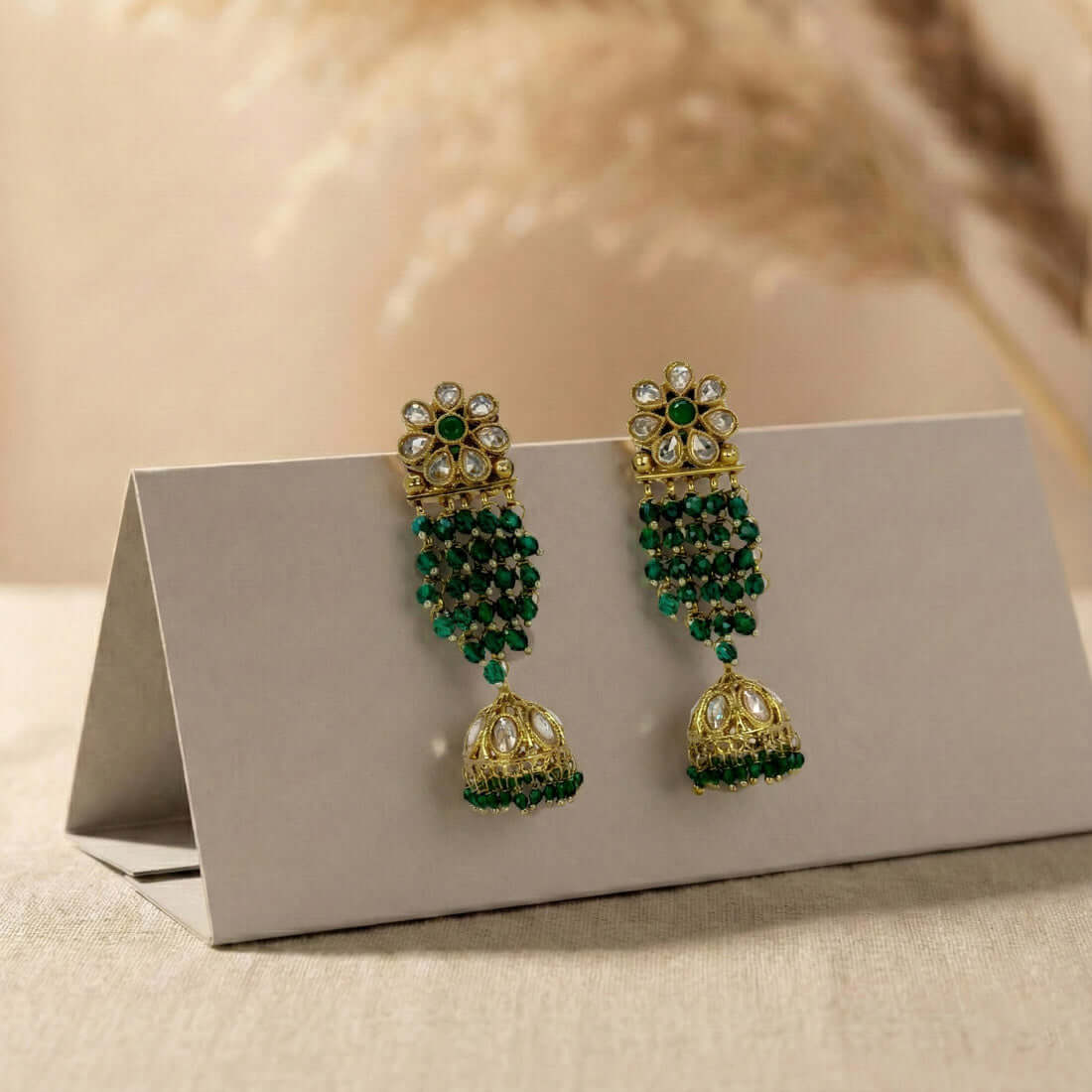 Gold-Plated-Floral-Kundan-Dark-Green-Jhumka-Earrings