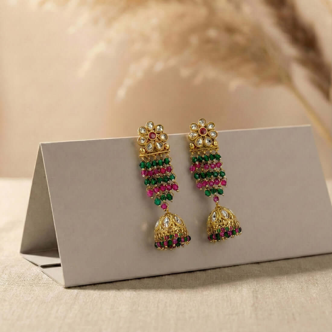 Gold-Plated-Floral-Kundan-Jhumka-Earrings
