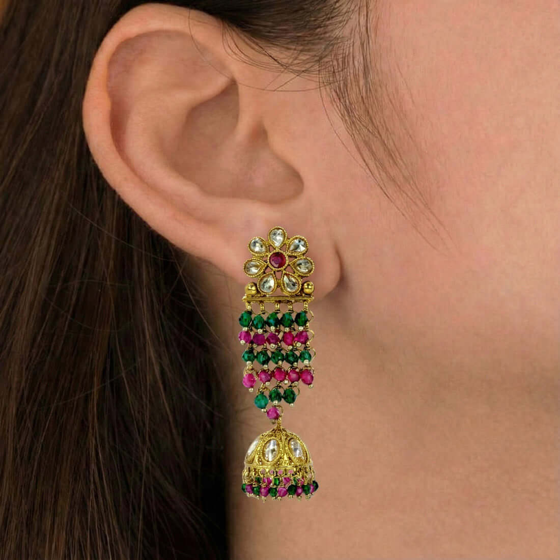 Gold-Plated-Floral-Kundan-Jhumka-Earrings
