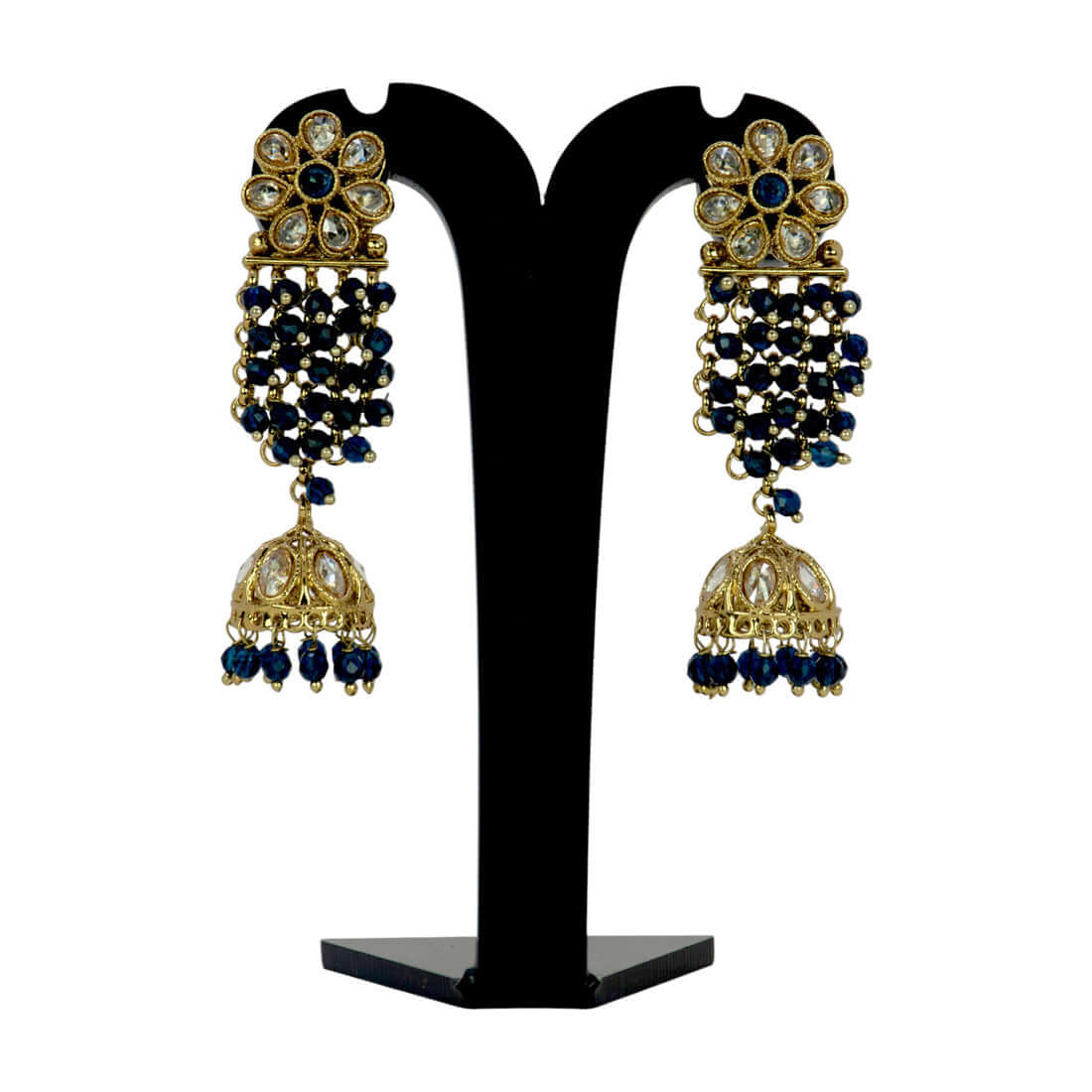 Gold-Plated-Floral-Kundan-Navy-Blue-Jhumka-Earrings