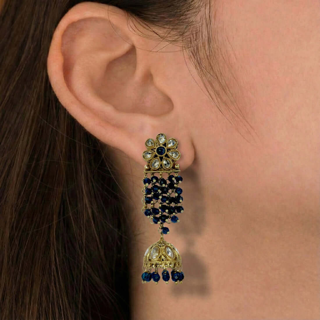 Gold-Plated-Floral-Kundan-Navy-Blue-Jhumka-Earrings