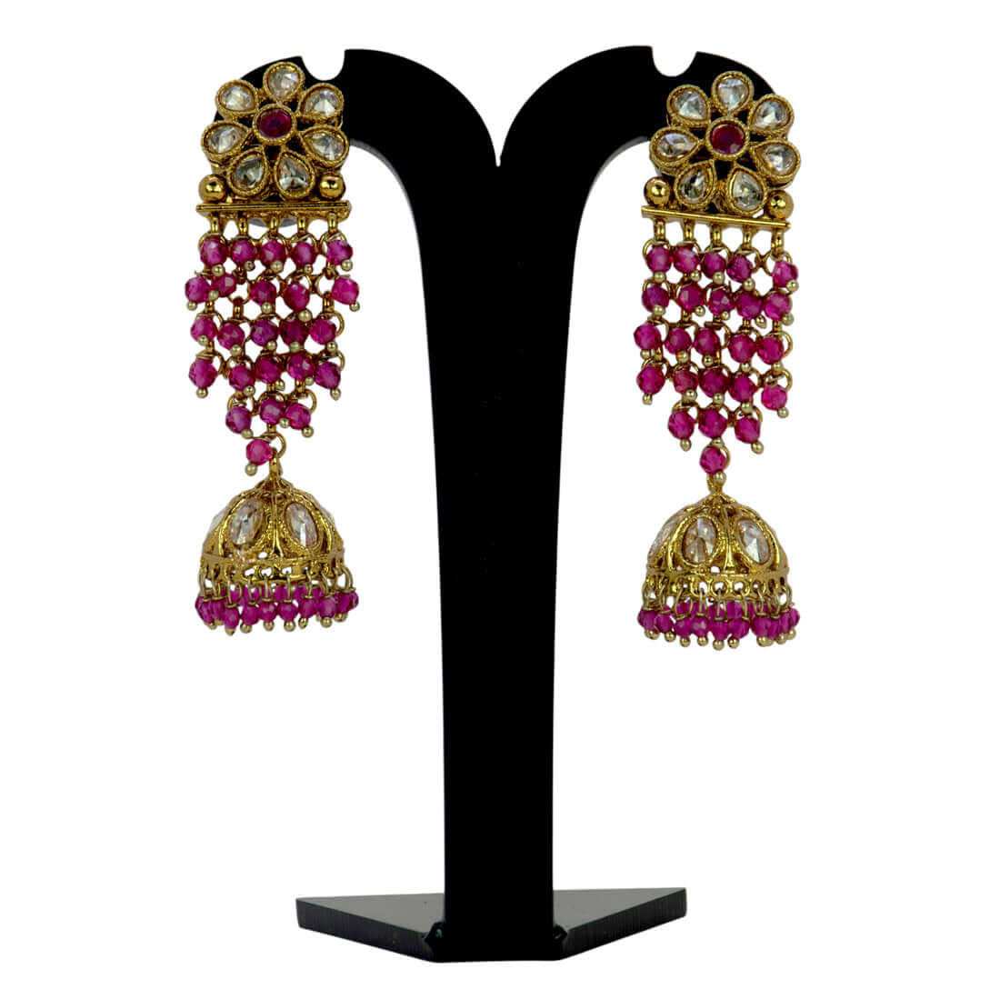Gold-Plated-Floral-Kundan-Ruby-Red-Jhumka-Earrings