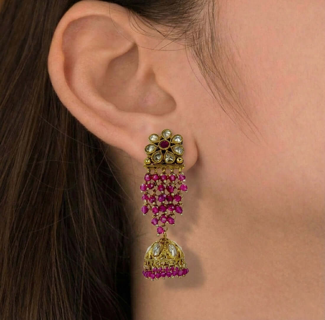Gold-Plated-Floral-Kundan-Ruby-Red-Jhumka-Earrings