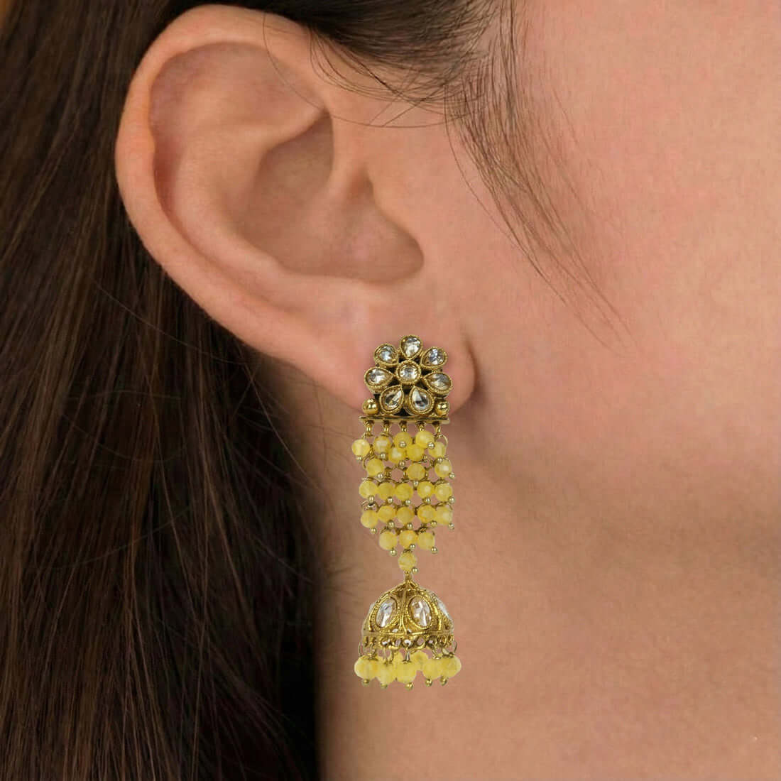 Gold-Plated-Floral-Kundan-Yellow-Jhumka-Earrings