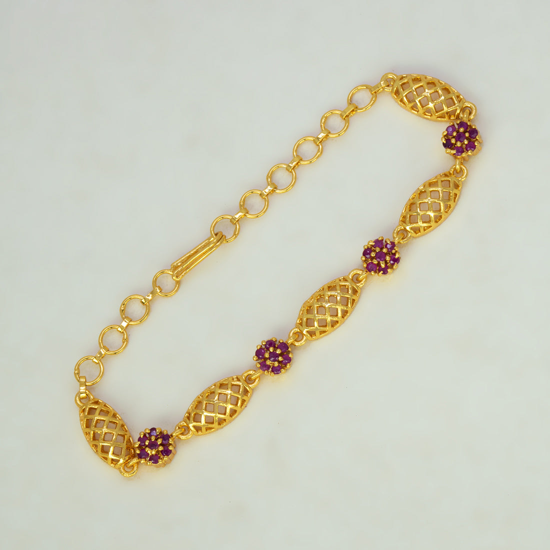 Gold Plated Floral Ruby Stone Mesh Bracelet
