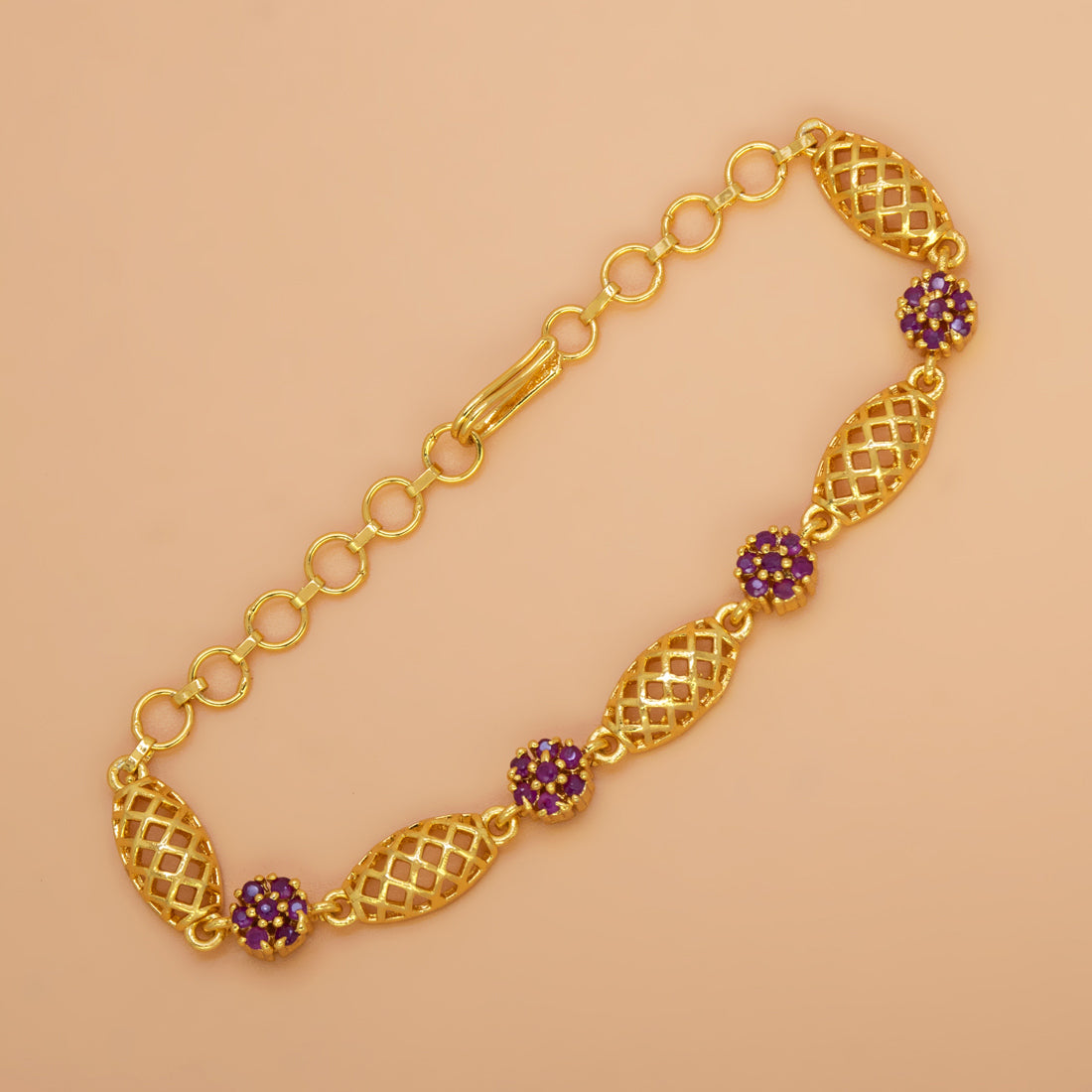 Gold Plated Floral Ruby Stone Mesh Bracelet