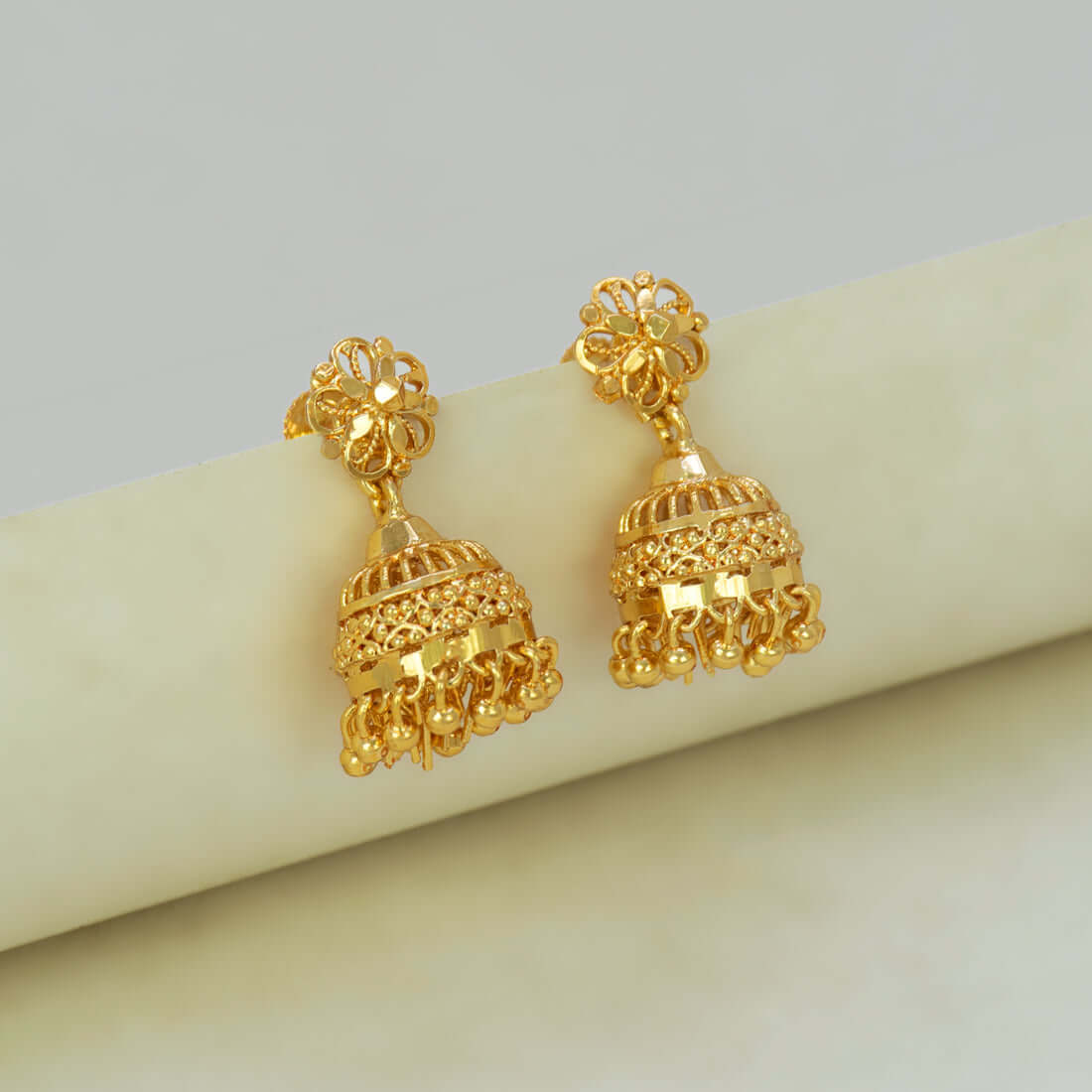 Gold-Plated Floral Stud Beads Hanging Jhumka Earrings