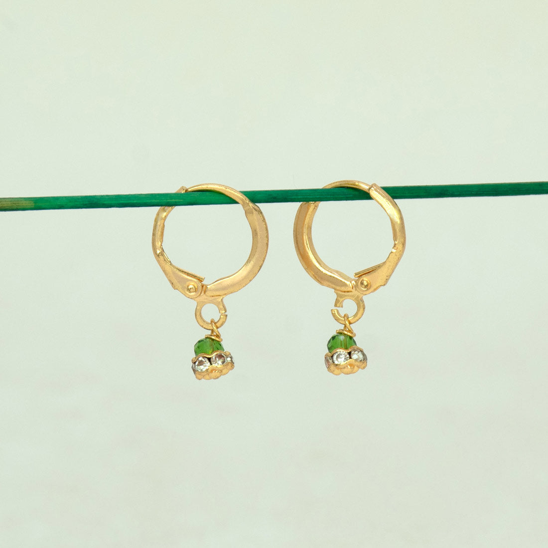 Gold Plated Stone Drop Huggie Hoop Earrings -Green