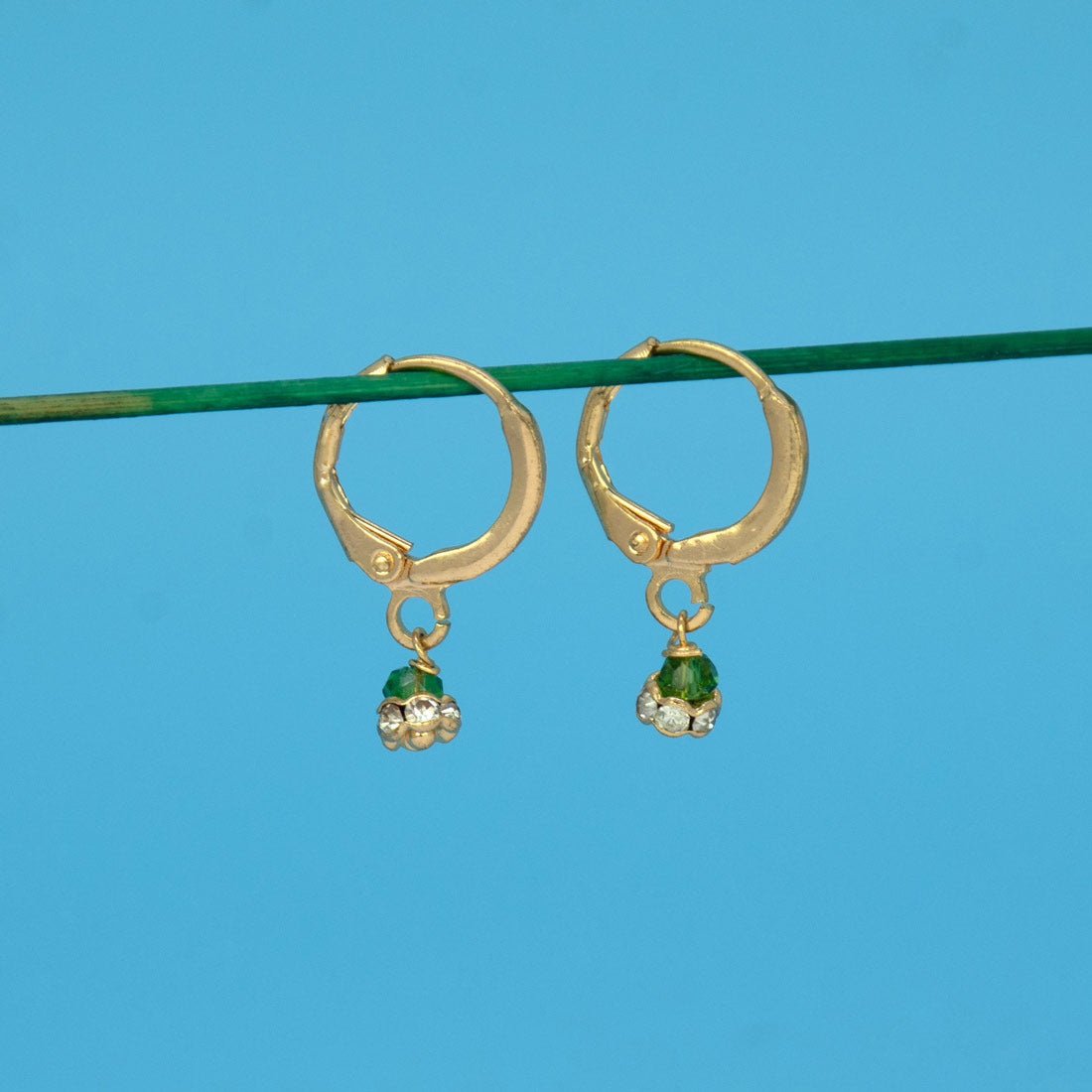 Gold Plated Stone Drop Huggie Hoop Earrings -Green