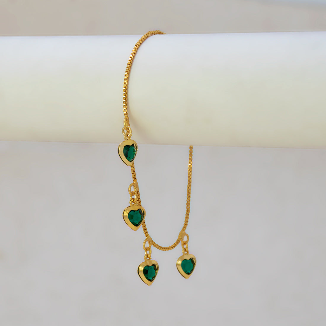 Gold Plated Green Heart Drop Charm Bracelet