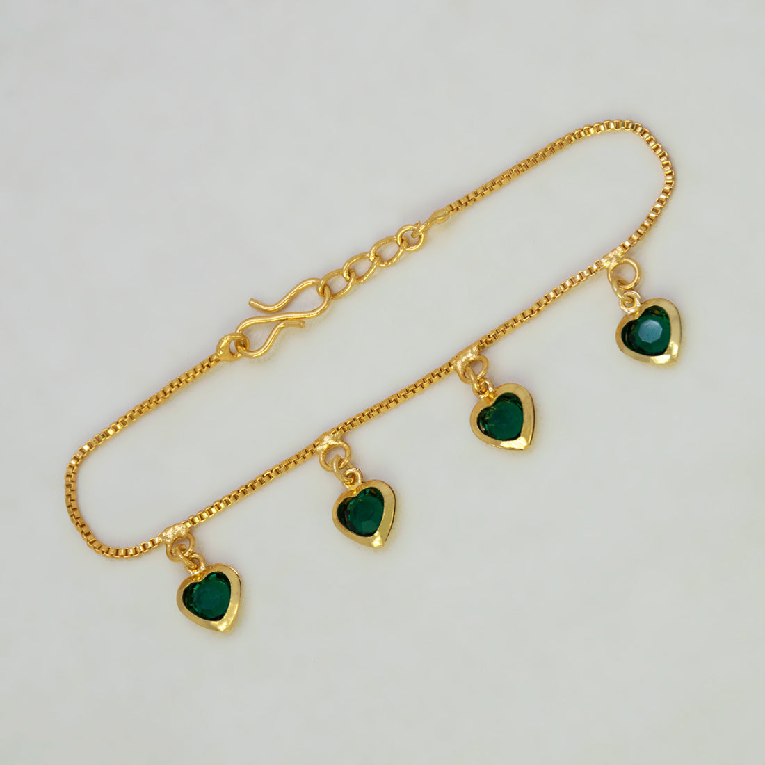 Gold Plated Green Heart Drop Charm Bracelet